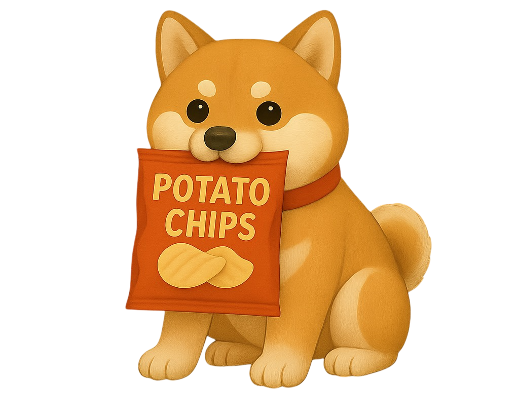 ポテチの袋をくわえた柴犬