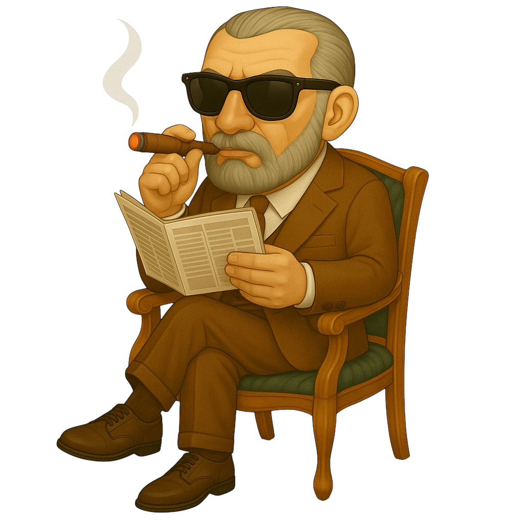 サングラスの男性が葉巻を吸いながら新聞を読んでいるイラスト素材/(透過PNG/人物カテゴリ)