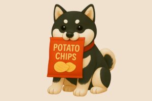 ポテチ袋を咥えた黒い柴犬のイラスト素材/アイキャッチ画像