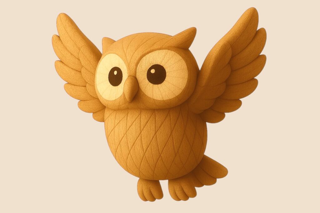 羽ばたく木彫りのフクロウのイラスト素材/アイキャッチ画像