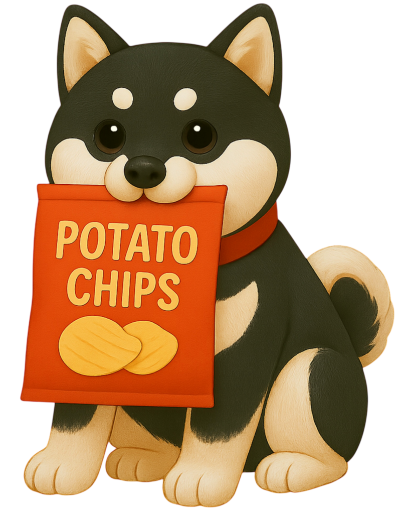 ポテチ袋を咥えた黒い柴犬のイラスト素材(透過PNG/動物カテゴリ)