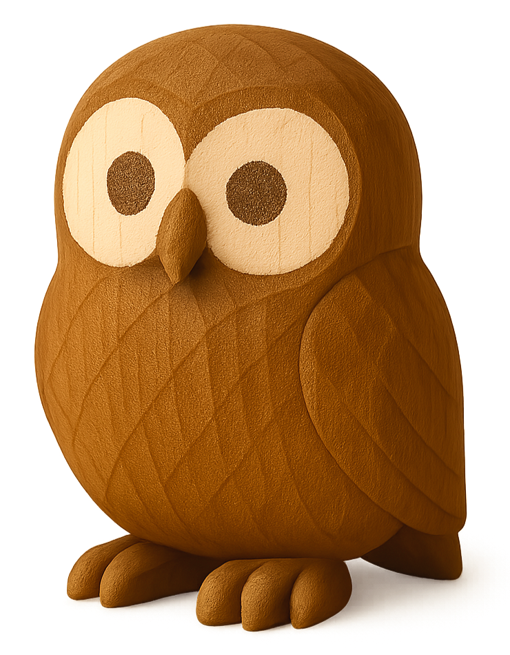 小首を傾げる木彫りのフクロウのイラスト素材(透過PNG/動物カテゴリ)