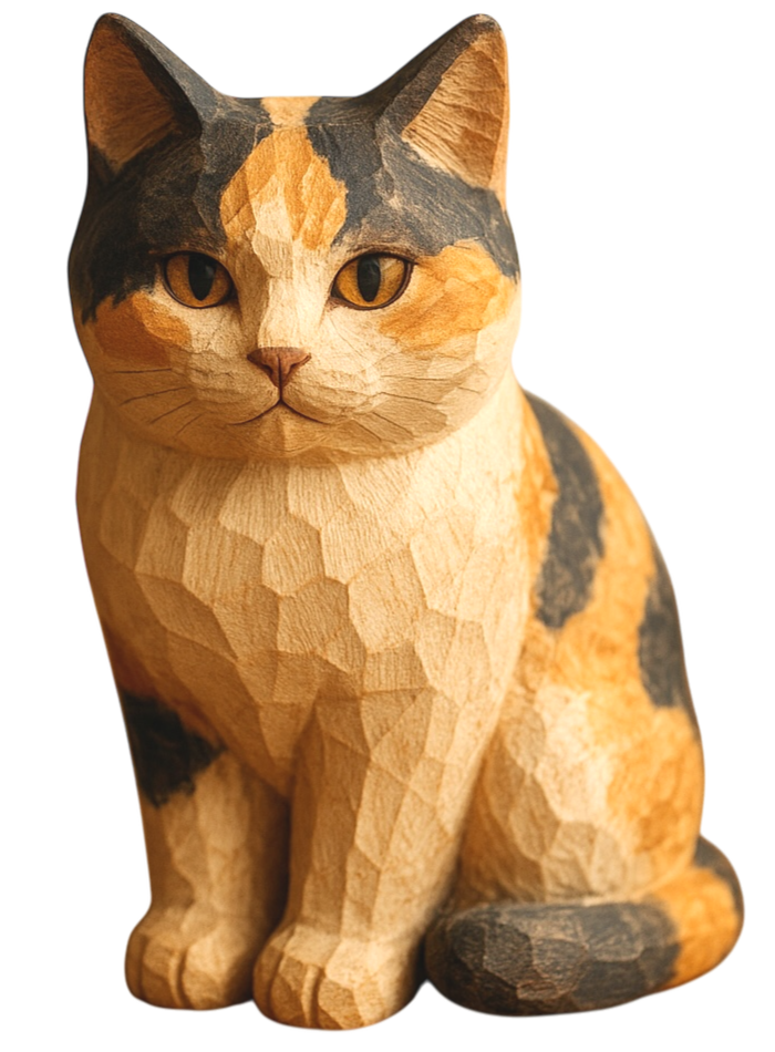木彫りの三毛猫のイラスト素材(透過PNG/動物カテゴリ)