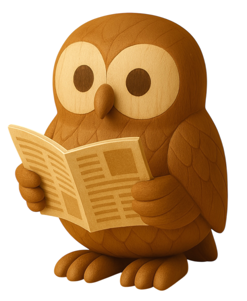 新聞を読む木彫りのフクロウのイラスト素材(透過PNG/動物カテゴリ)