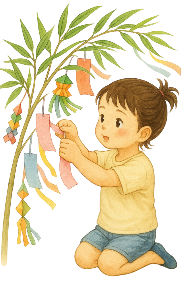 笹に短冊を飾る女の子のイラスト素材/(透過PNG/人物カテゴリ)