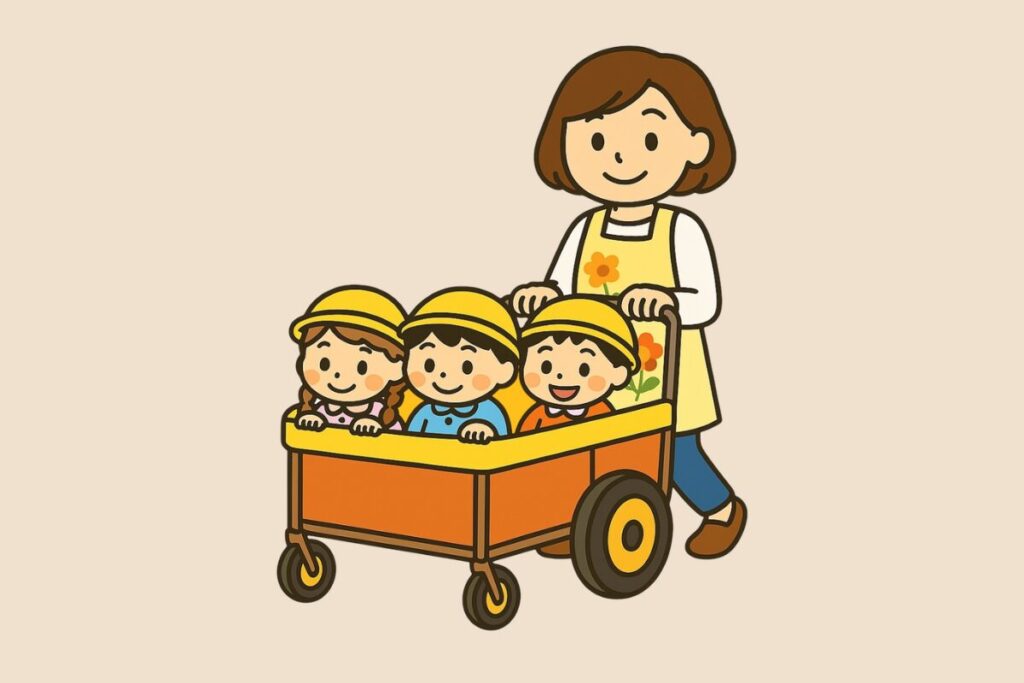 お散歩中の園児と先生のイラスト/アイキャッチ