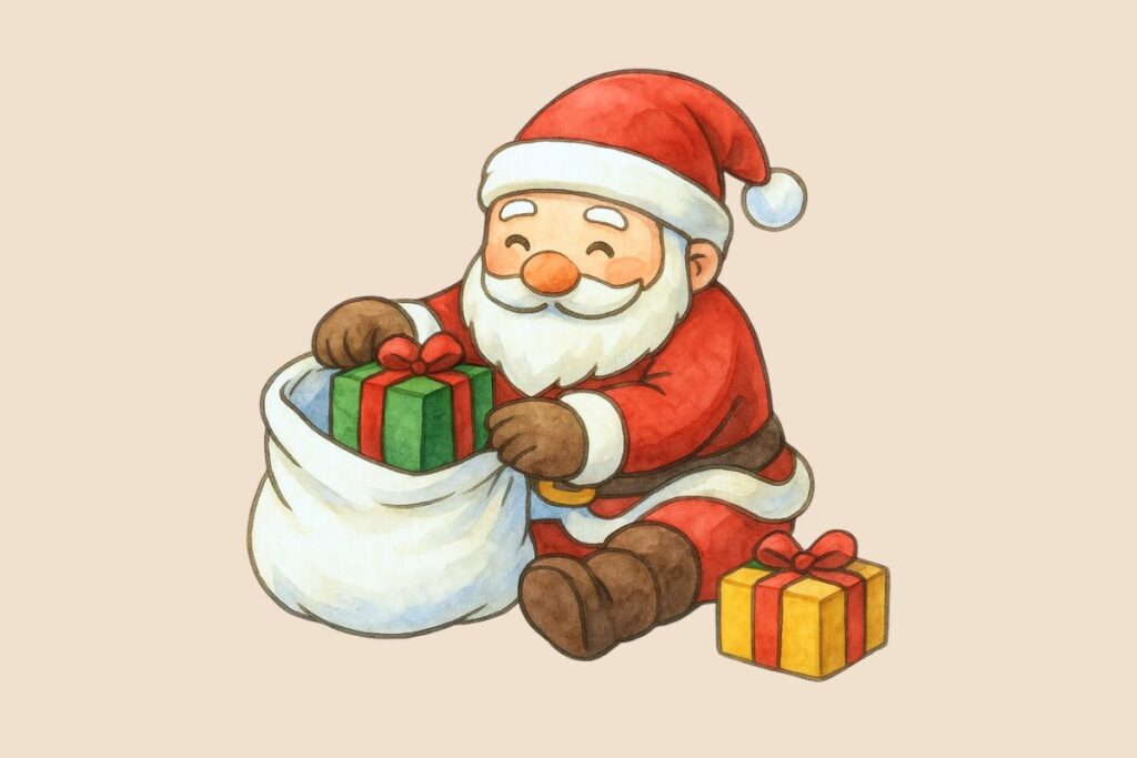 プレゼントを袋に詰めるサンタクロース