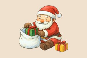 プレゼントを袋に詰めるサンタクロース